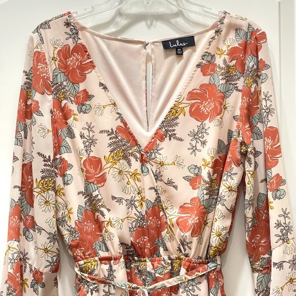 New Lulus Romper Medium Always Thriving Blush Pink Floral Print Bell Sleeve - Picture 4 of 8